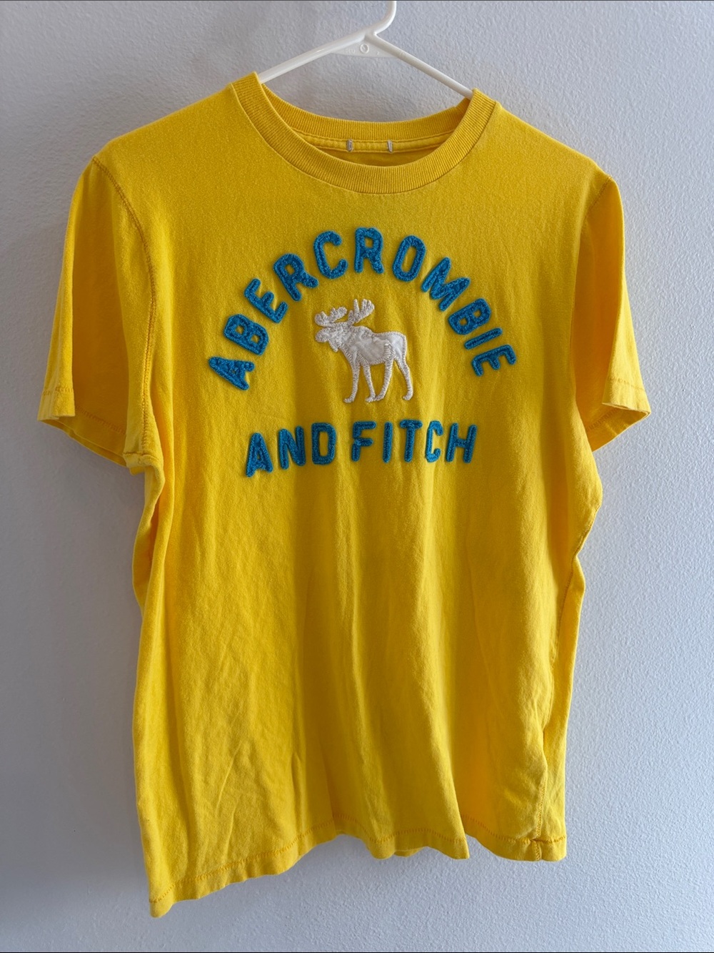 Abercrombie & Fitch Yellow Tee with Blue Logo and White Moose